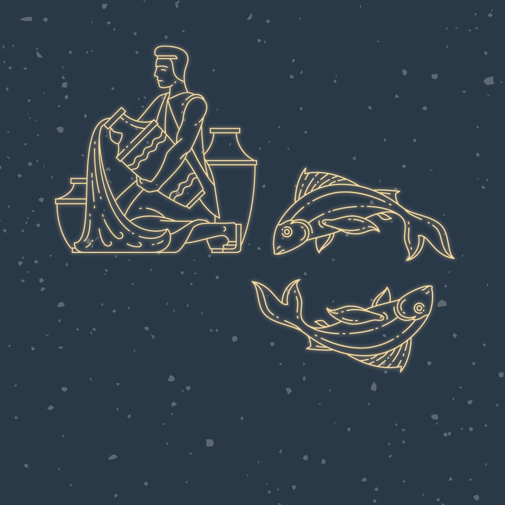 Yellow-gold line drawings on a dark blue background depict a man pouring water from a jug and two fish swimming in a circular pattern.