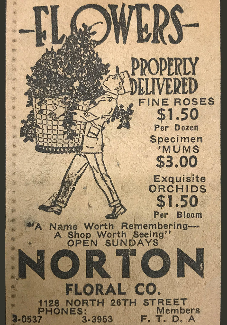 A Norton's newspaper ad, promising fine roses for $1.50 a dozen